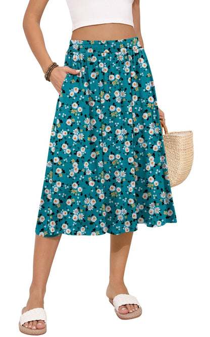 MLXSJ Women's Midi Skirt Summer Flowy Casual Skirts with Pockets S-3XL