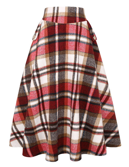 IDEALSANXUN Women’s Fall Winter High Waisted Wool Plaid A-line Long Skirt