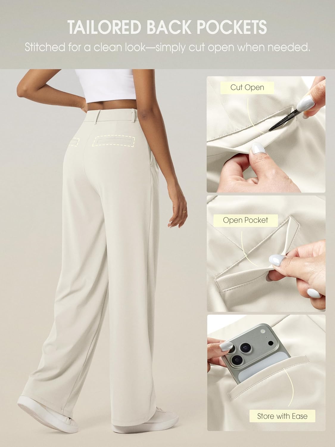 ODODOS Women's High-Rise Wide Leg Trousers, Adjustable Tailored Stretch Work Pants with Pockets, 29" /31" /33" Inseam