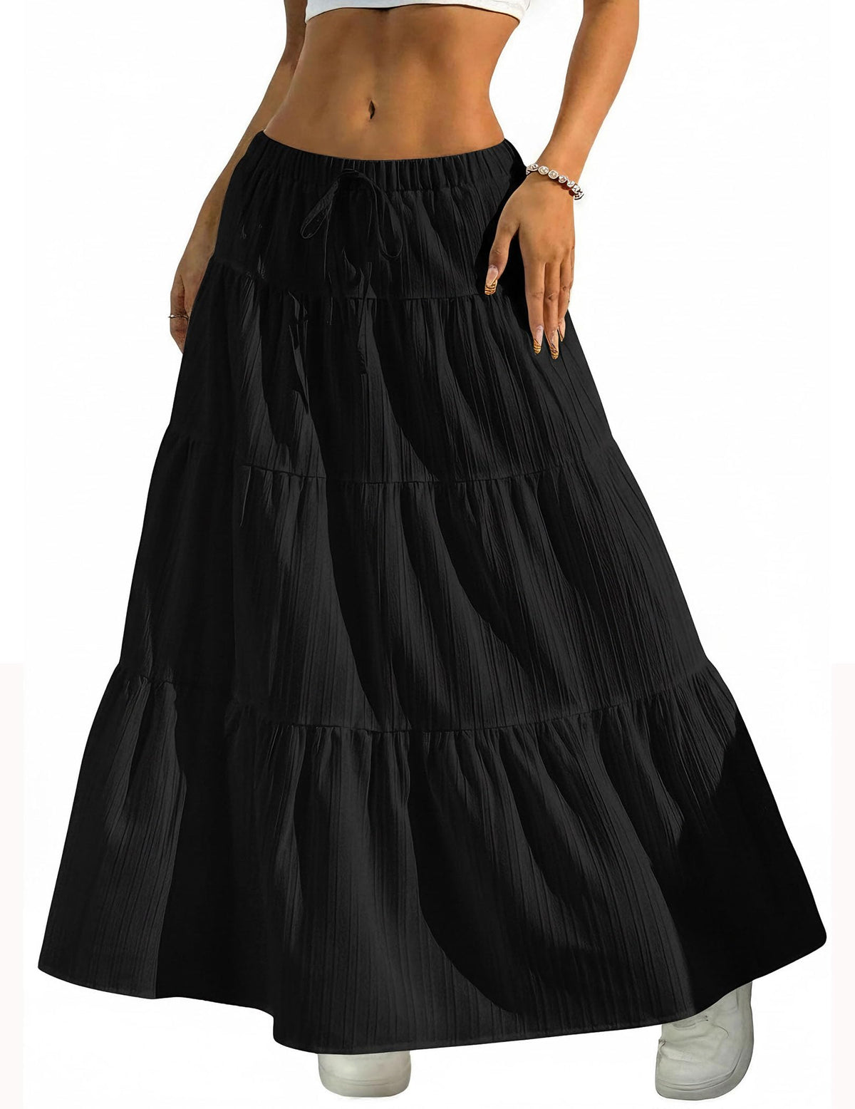 DERAX Women's Boho Flowy White Maxi Skirt Ruffle Elastic Waist Long Skirts