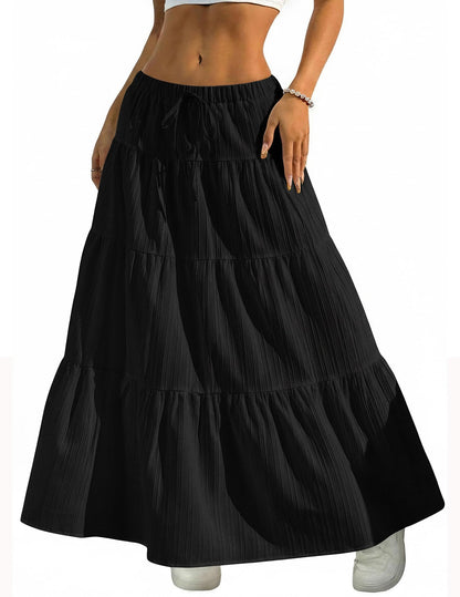 DERAX Women's Boho Flowy White Maxi Skirt Ruffle Elastic Waist Long Skirts