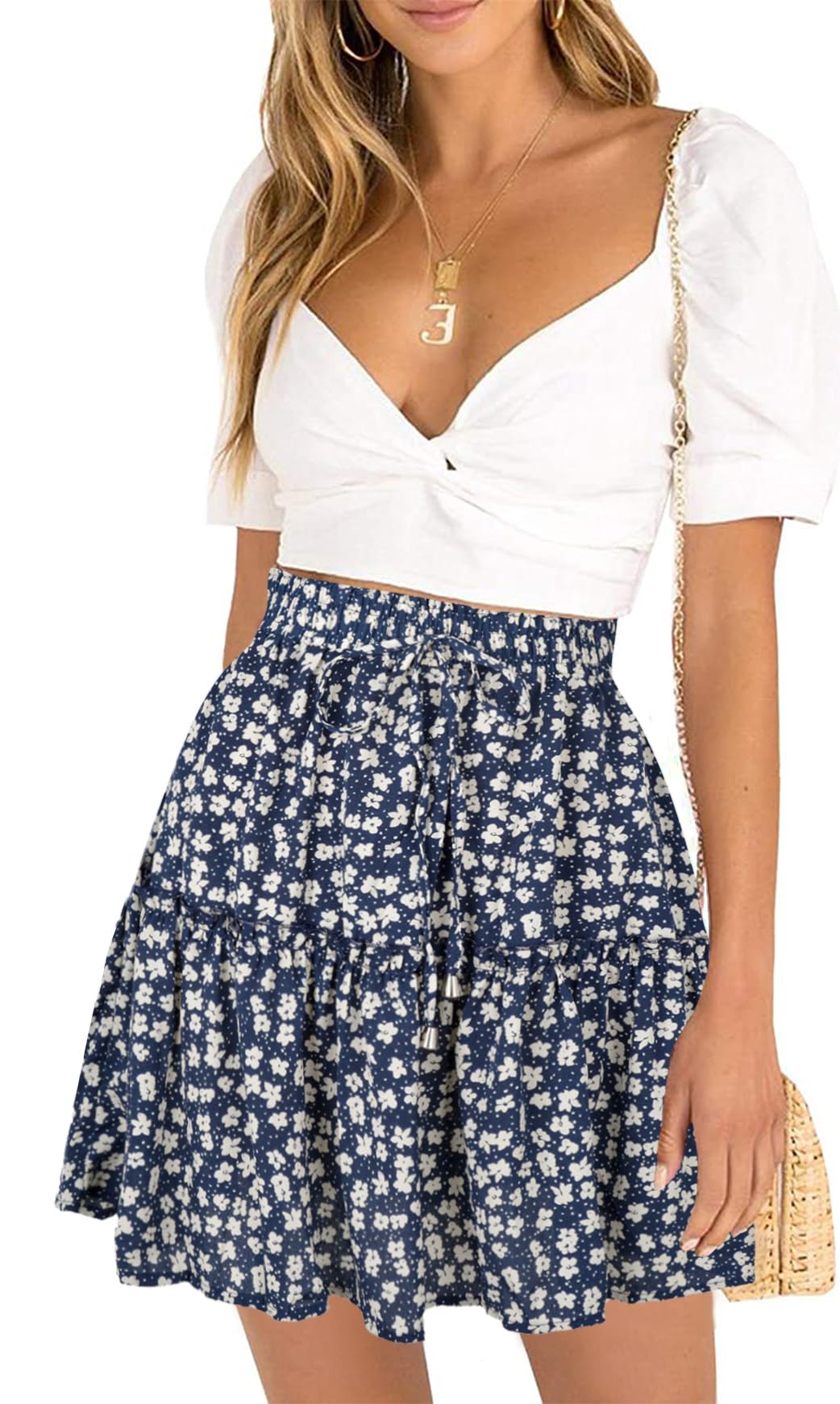 DooMoni Women's High Waisted Floral Mini Skirt Ruffle Summer Short Skirts