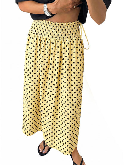 Tankaneo Womens Polka Dot Maxi Skirts Boho Smocked High Waisted Tie Skirt