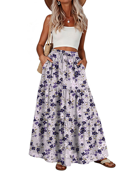 Addtoo Womens Maxi Skirt Pleated Tiered A-Line Elastic Waist Midi Skirt
