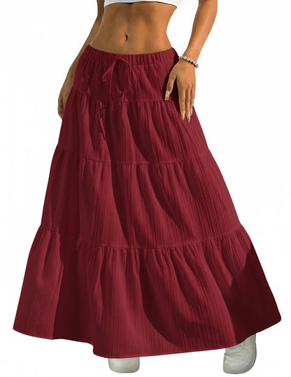 DERAX Women's Boho Flowy White Maxi Skirt Ruffle Elastic Waist Long Skirts