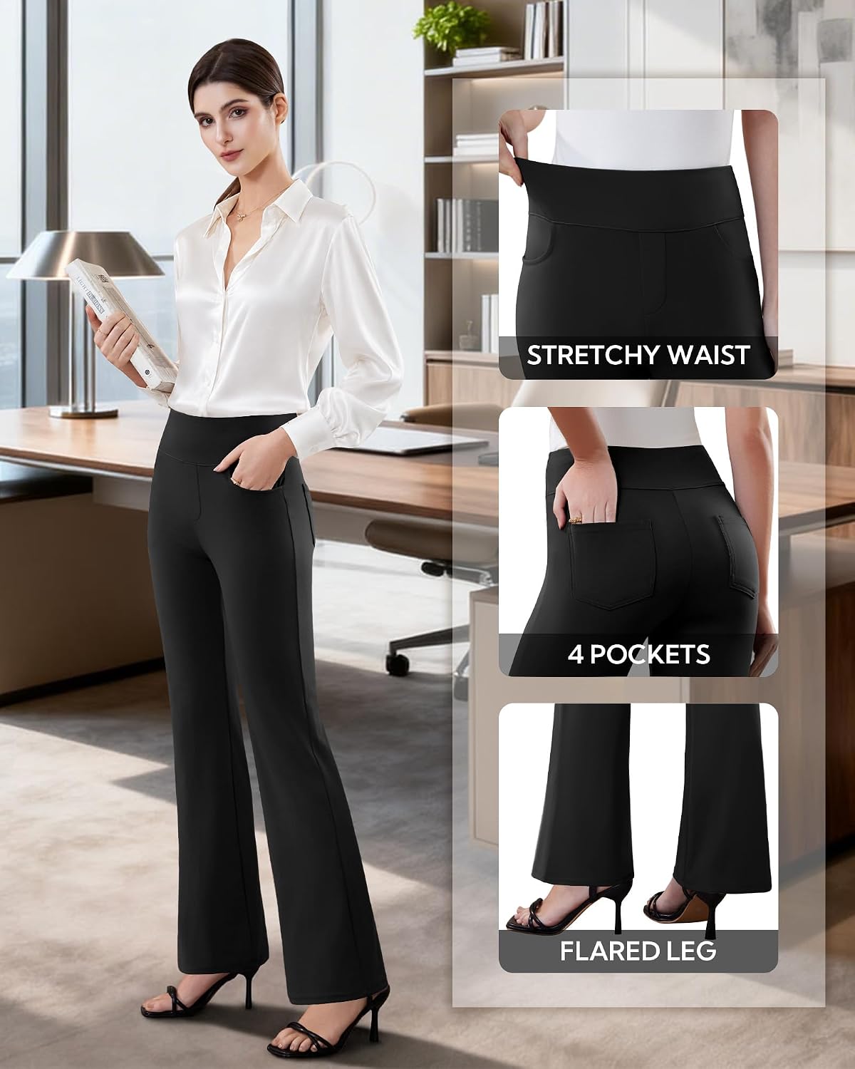 DLOODA Womens Dress Pants Stretchy Work Pants Flare Slacks with 4 Pockets