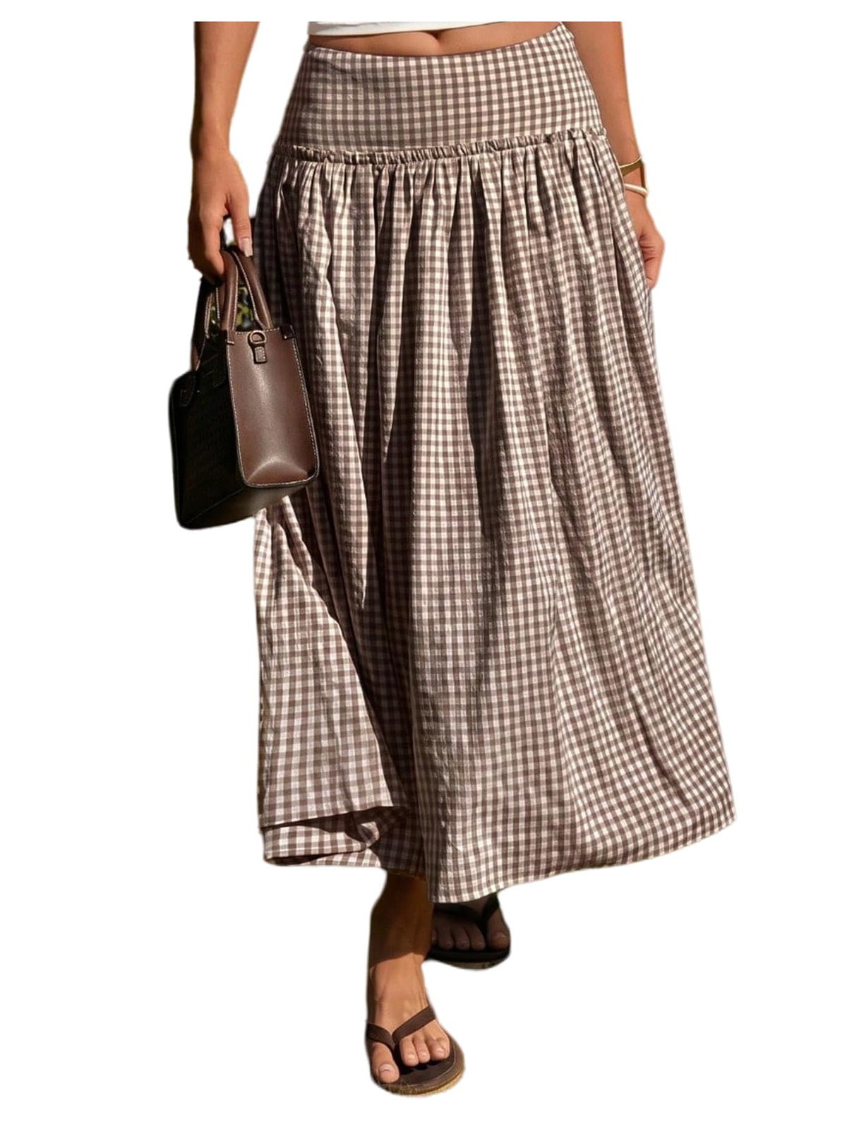 MakeMeChic Women's Plaid Gingham Maxi Skirt Low Waist Flowy Long Skirts