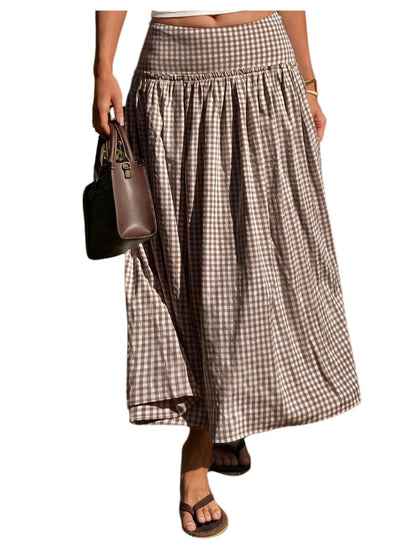 MakeMeChic Women's Plaid Gingham Maxi Skirt Low Waist Flowy Long Skirts