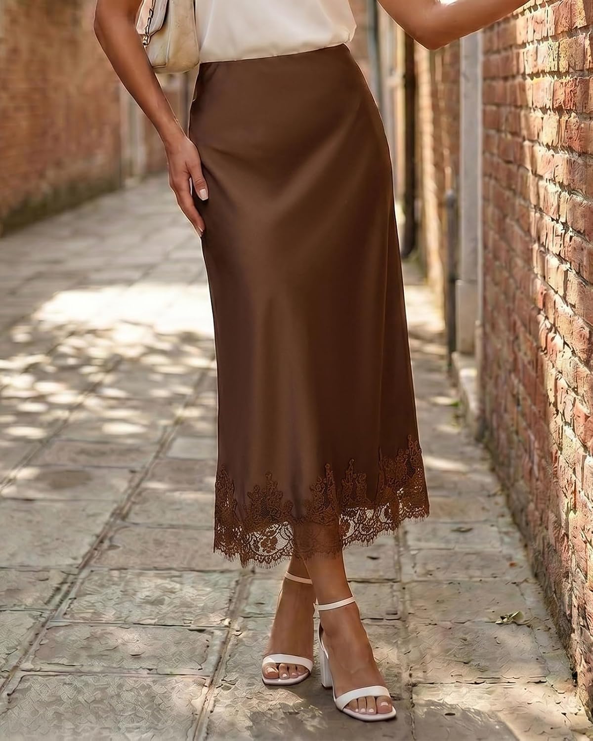 VividMosaic Lace Trim Satin Midi Skirt High Waisted Long Skirt for Women