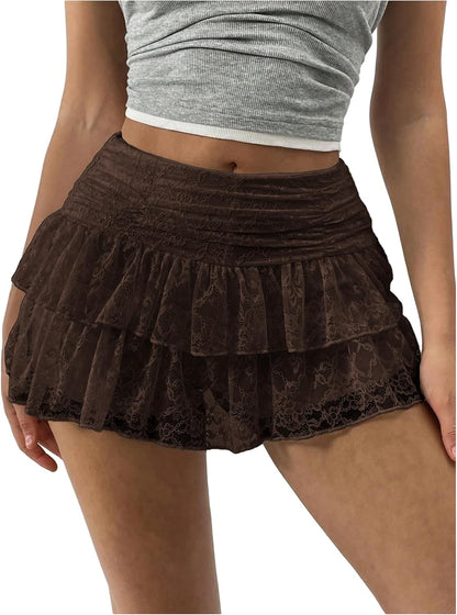 SHENHE Women's Y2K Lace Mini Skirt Hight Waisted Ruffle A Line Shorts