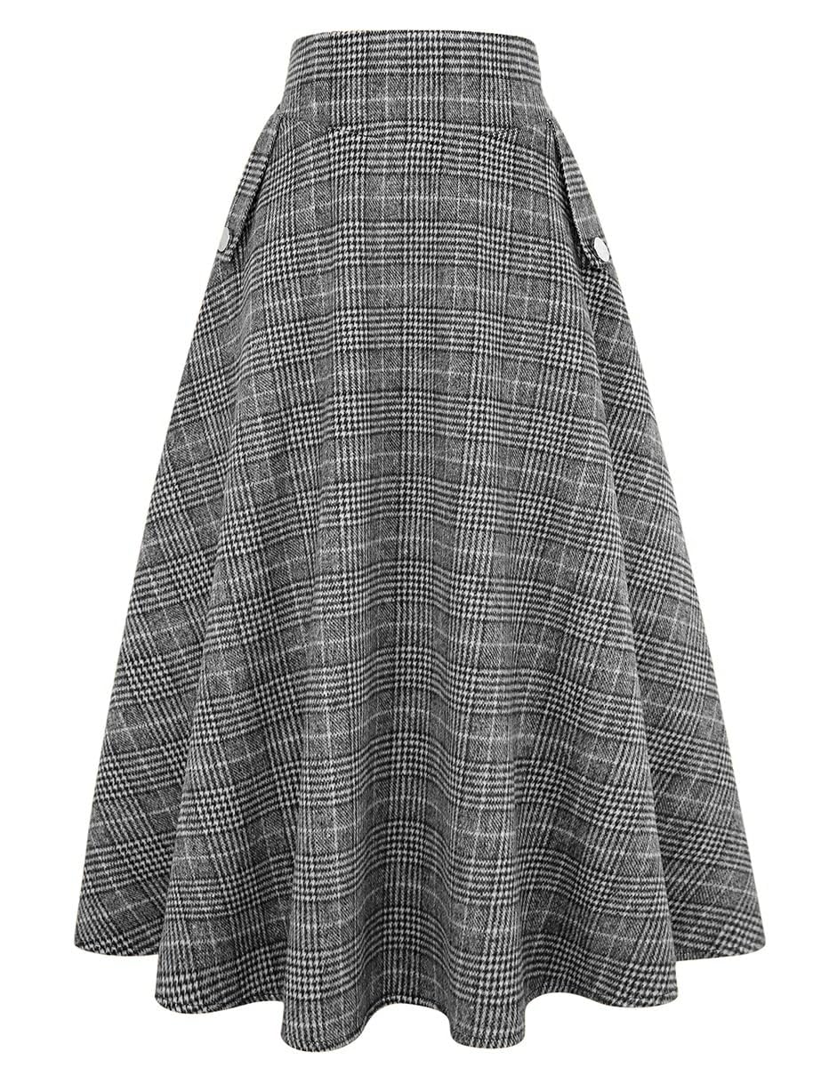 IDEALSANXUN Women’s Fall Winter High Waisted Wool Plaid A-line Long Skirt