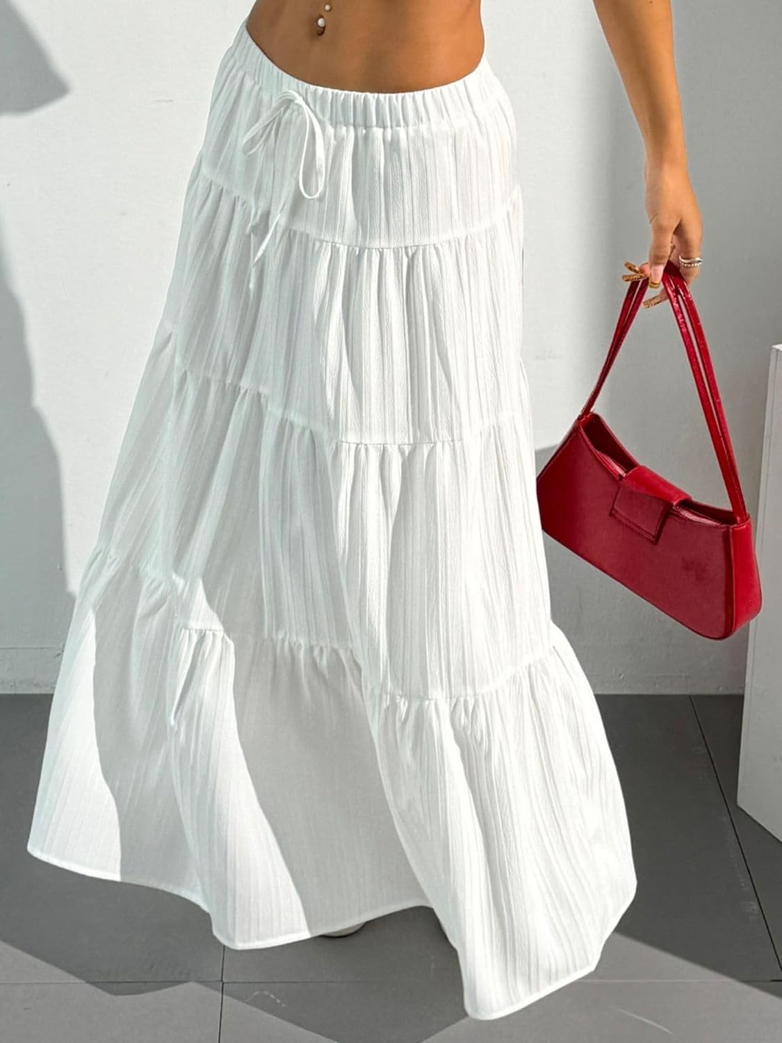 DERAX Women's Boho Flowy White Maxi Skirt Ruffle Elastic Waist Long Skirts