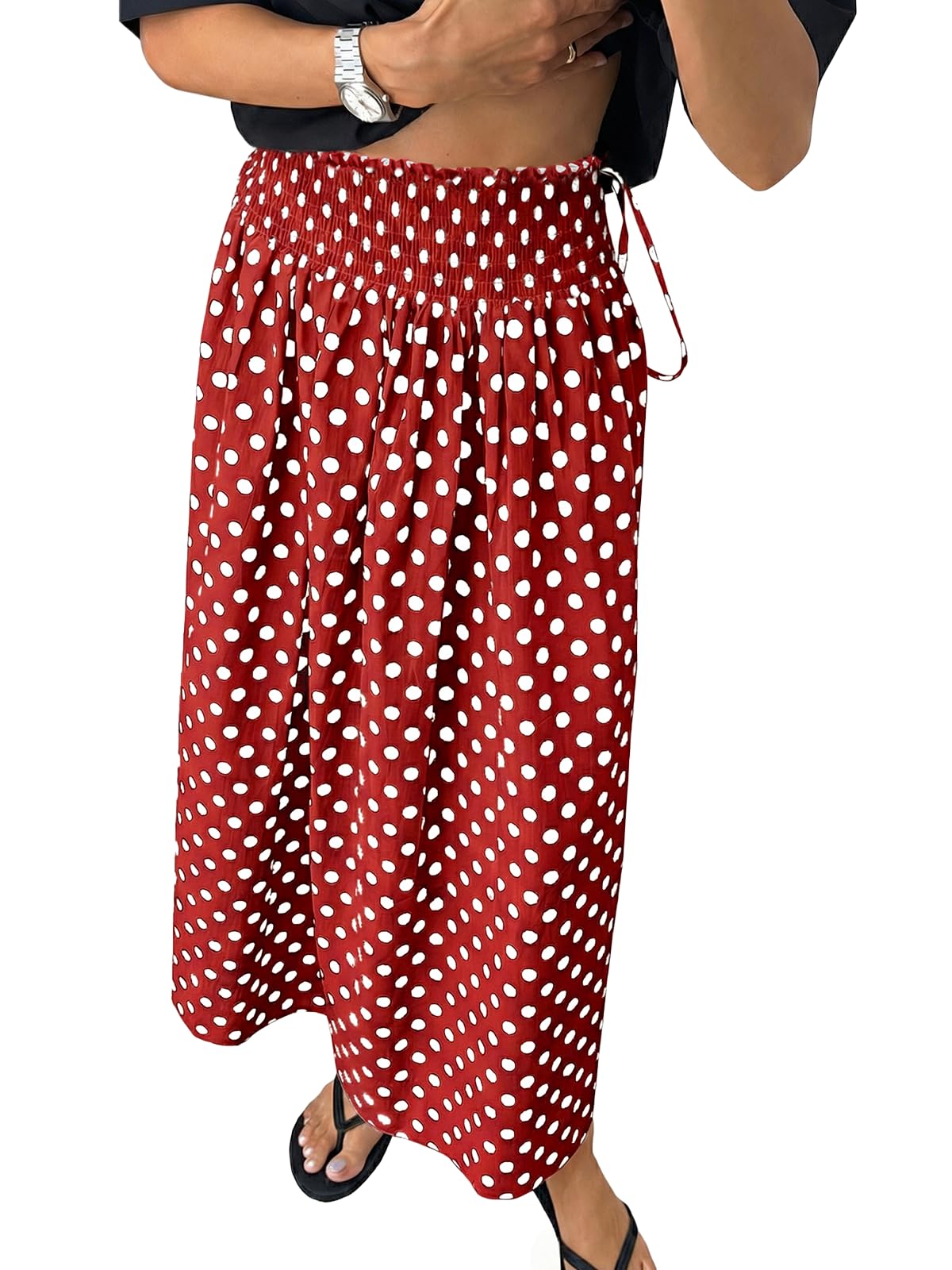 Tankaneo Womens Polka Dot Maxi Skirts Boho Smocked High Waisted Tie Skirt
