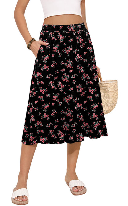MLXSJ Women's Midi Skirt Summer Flowy Casual Skirts with Pockets S-3XL