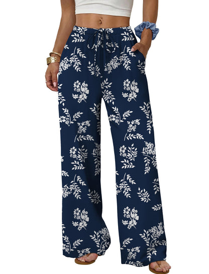 Sampeel Wide Leg Pants for Women Flowy Palazzo Drawstring Elastic Waist Trousers with Pockets Summer Beach Vacation Clothes