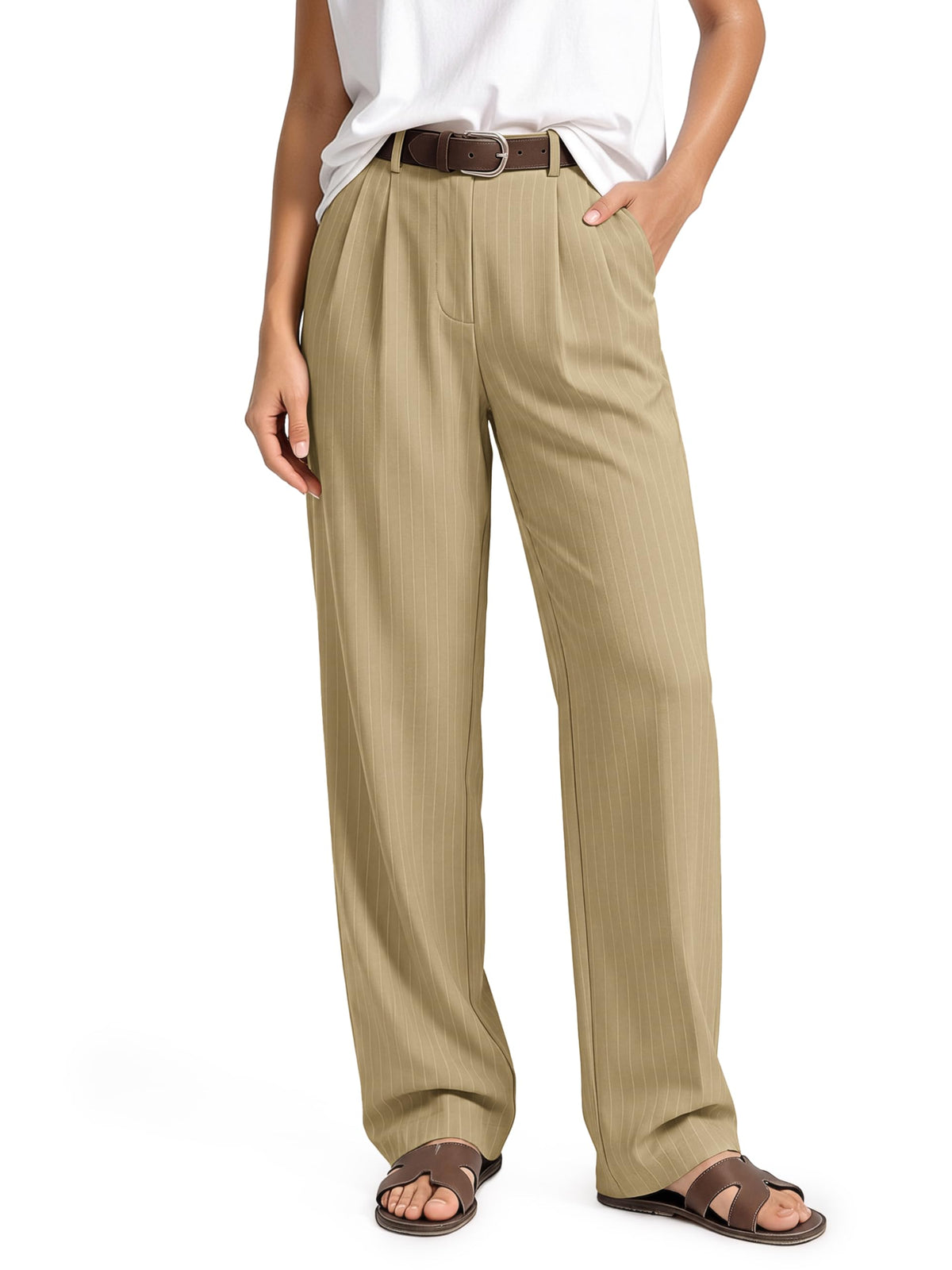 ODODOS Women's High-Rise Wide Leg Trousers, Adjustable Tailored Stretch Work Pants with Pockets, 29" /31" /33" Inseam