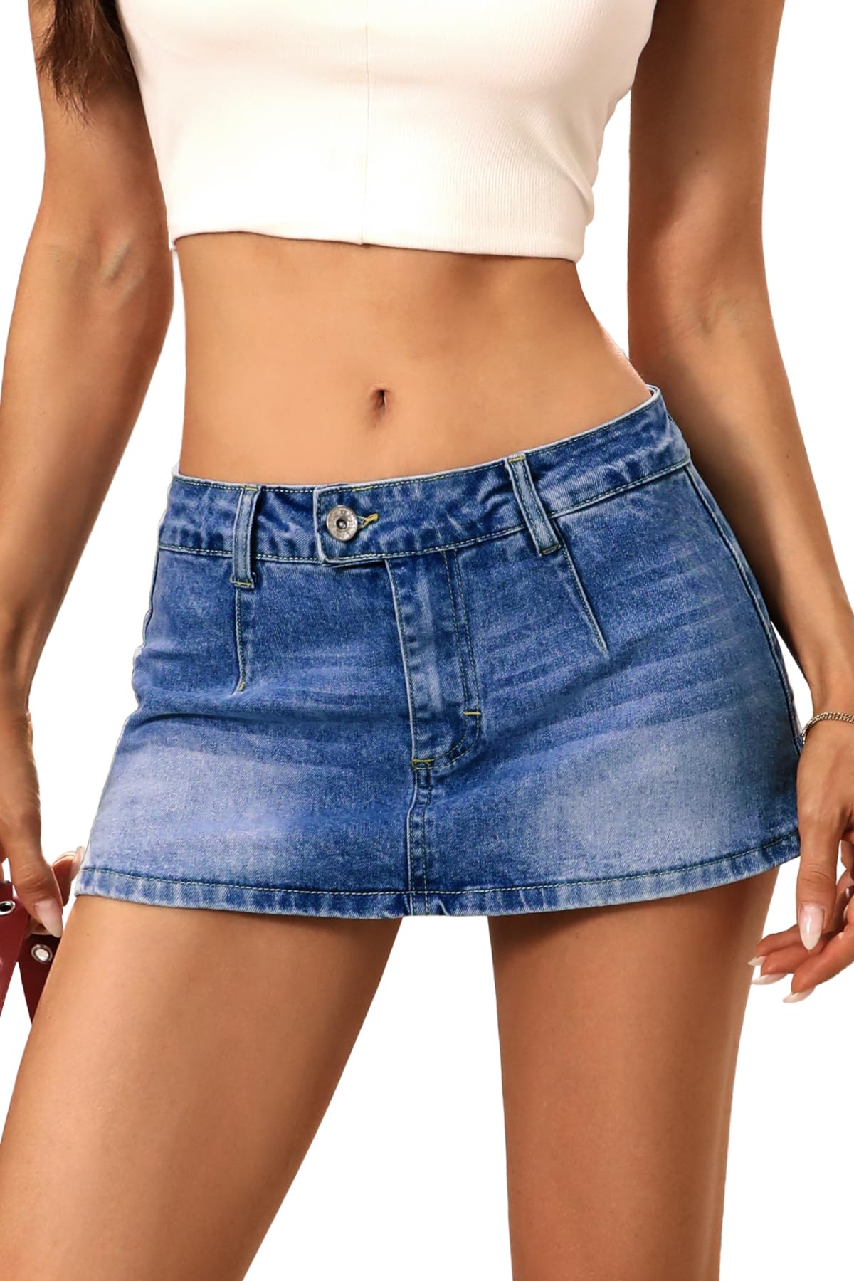 ELLEVEN Womens Low Rise Denim Mini Skirt, Jean Skirt with Shorts Underneath