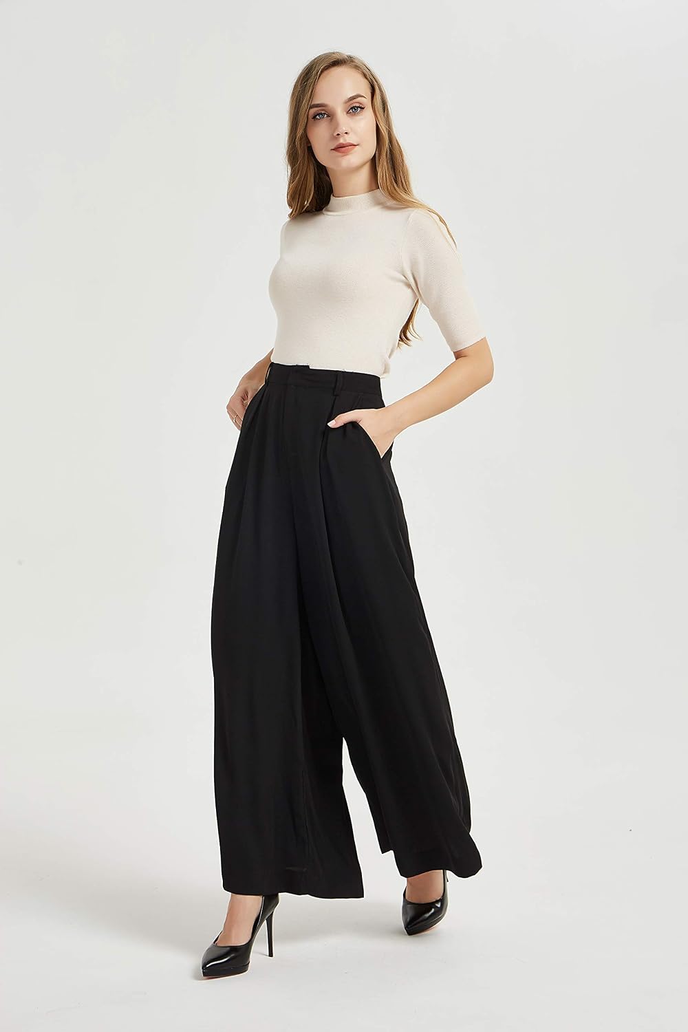 Tronjori Womens High Waist Casual Wide Leg Palazzo Business Pants