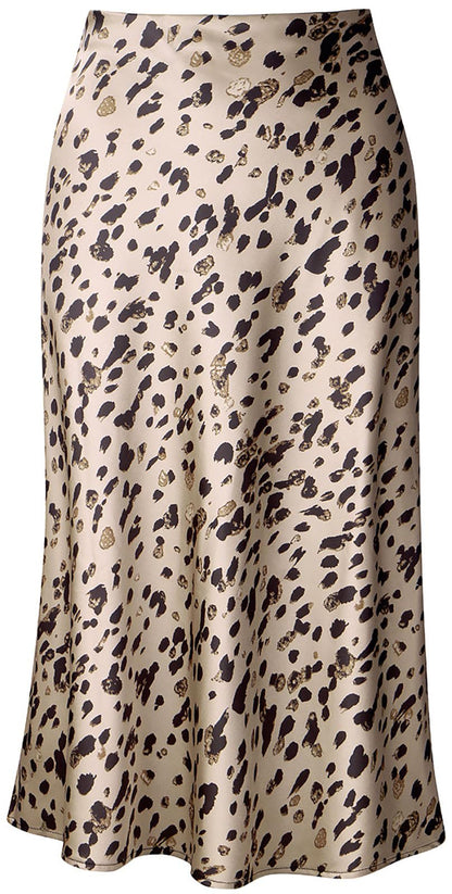Keasmto Leopard Skirt for Women Midi Length High Waist Silk Satin Elasticized Cheetah Casual Ladies Skirts