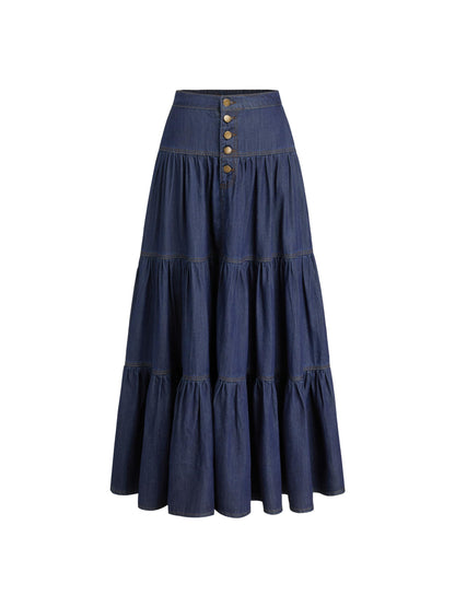 CIDER Womens Long Jean Denim Tiered Button Down High Waist Maxi Skirts