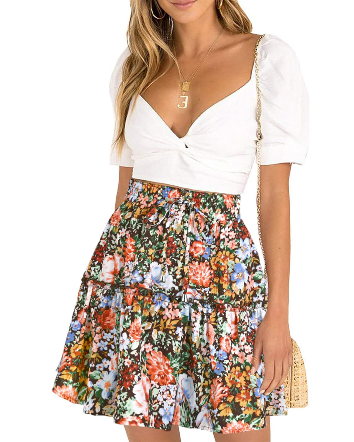 DooMoni Women's High Waisted Floral Mini Skirt Ruffle Summer Short Skirts