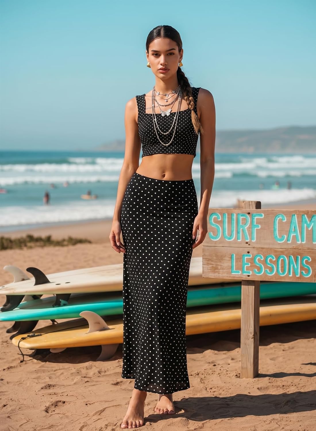 BLENCOT Womens High Waisted Long Mesh Polka Dot Maxi Skirt