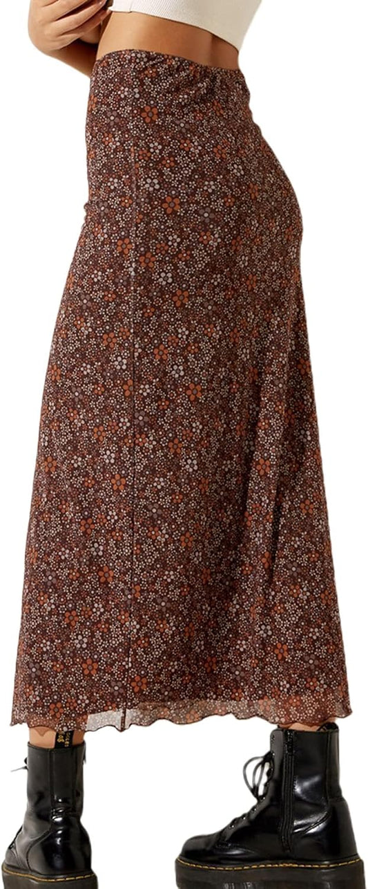 Avanova Women Mesh Floral Boho Midi Skirt High Waist Long Skirt