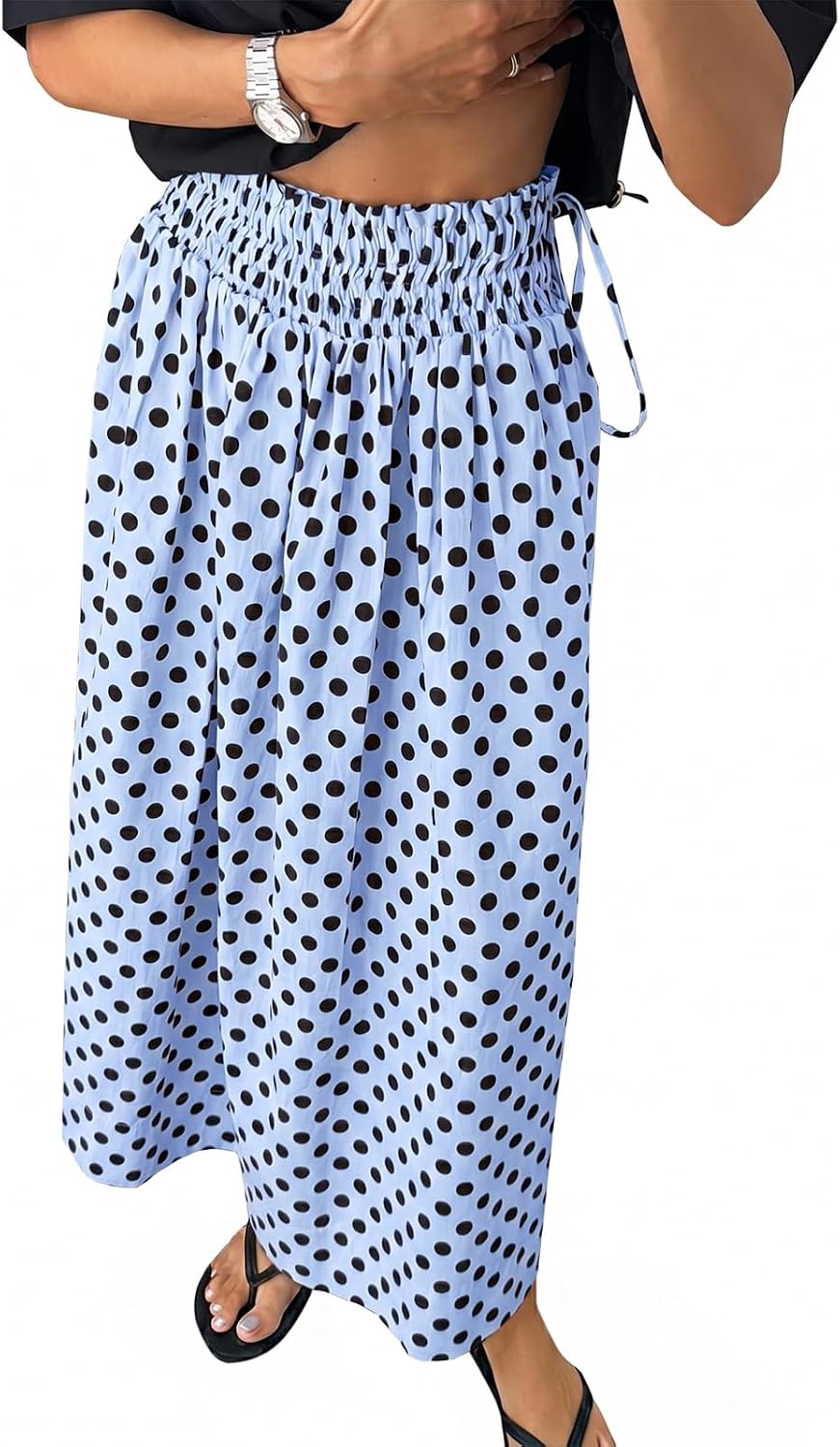 Tankaneo Womens Polka Dot Maxi Skirts Boho Smocked High Waisted Tie Skirt