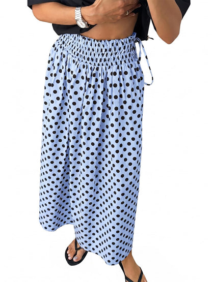 Tankaneo Womens Polka Dot Maxi Skirts Boho Smocked High Waisted Tie Skirt