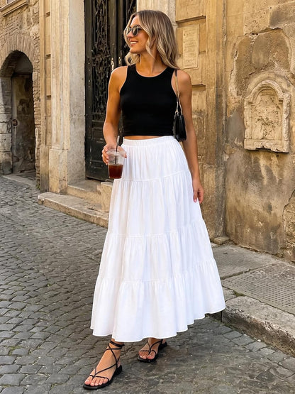 Women's White Maxi Skirt Summer Boho Long Flowy Pleated Tiered High Waist A-Line Flared Skirts