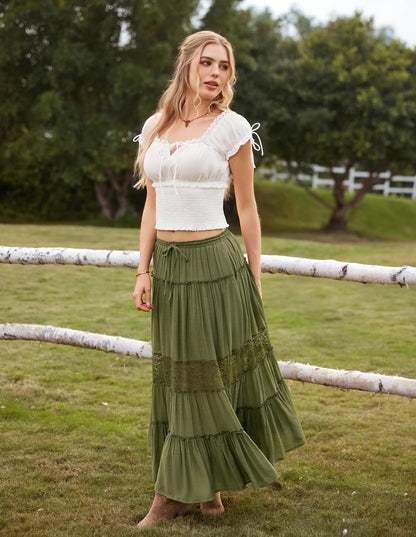 Scarlet Darkness Women's Boho Maxi Skirts Flowy Lace Long Renaissance Skirt