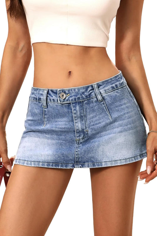 ELLEVEN Womens Low Rise Denim Mini Skirt, Jean Skirt with Shorts Underneath