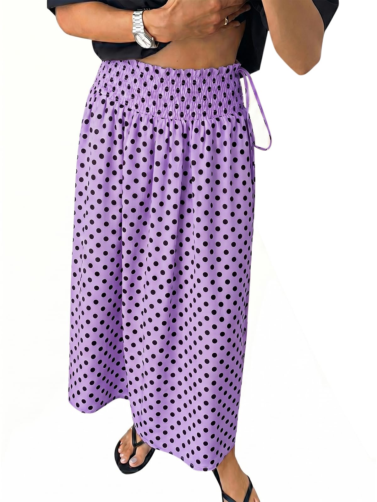 Tankaneo Womens Polka Dot Maxi Skirts Boho Smocked High Waisted Tie Skirt