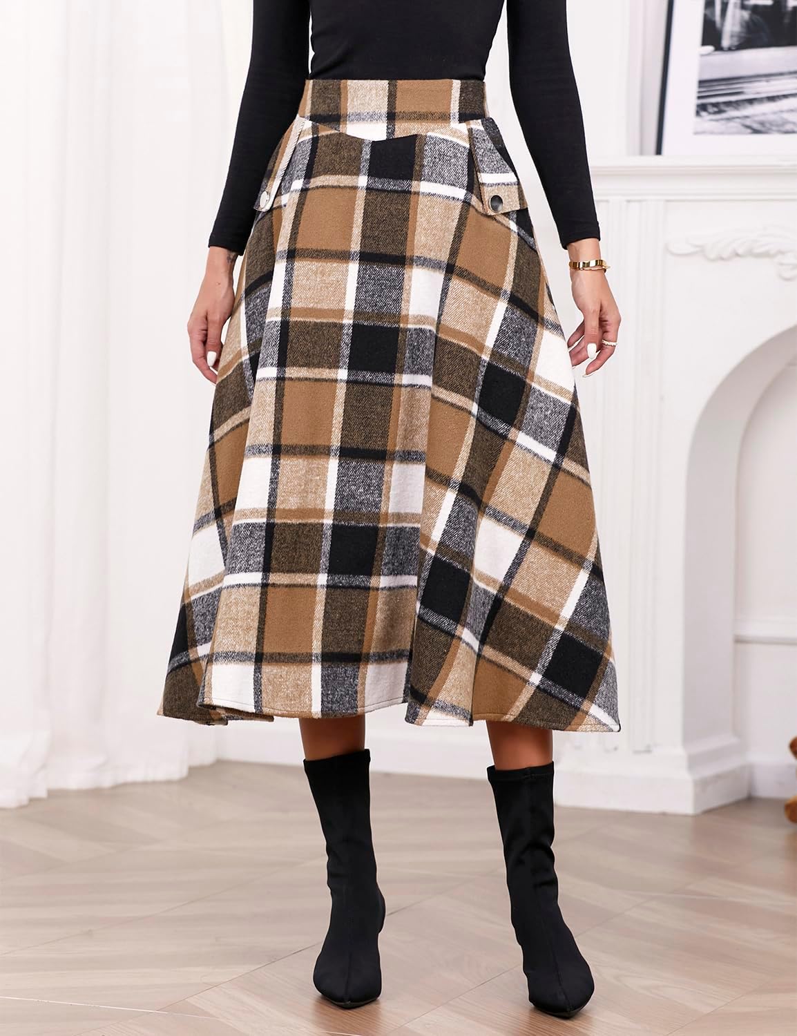 IDEALSANXUN Women’s Fall Winter High Waisted Wool Plaid A-line Long Skirt