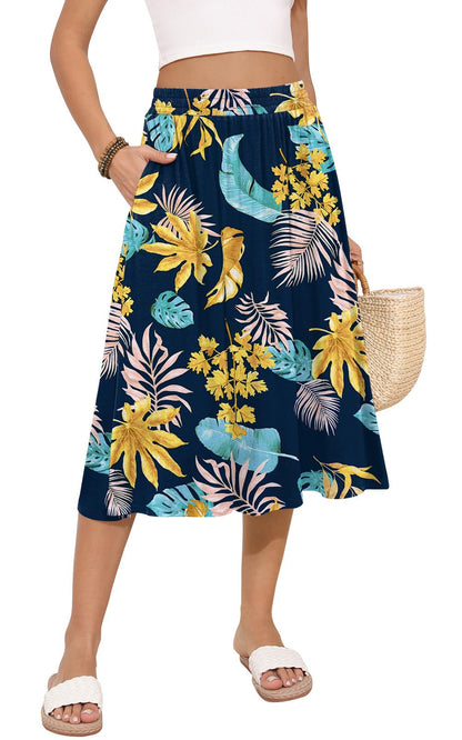 MLXSJ Women's Midi Skirt Summer Flowy Casual Skirts with Pockets S-3XL