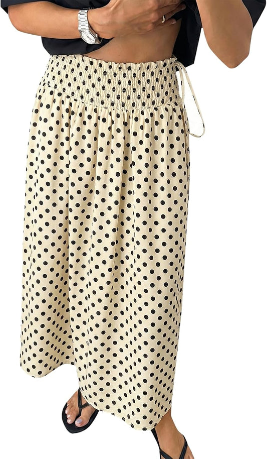 Tankaneo Womens Polka Dot Maxi Skirts Boho Smocked High Waisted Tie Skirt