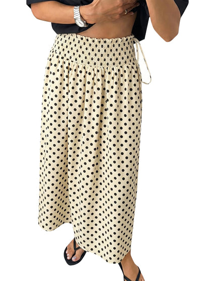 Tankaneo Womens Polka Dot Maxi Skirts Boho Smocked High Waisted Tie Skirt