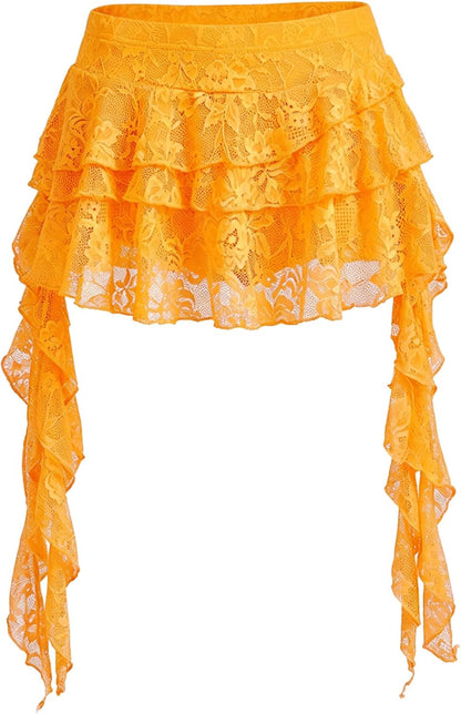 Women's Y2K Mini Skirt Ruffle Lace Mesh Asymmetrical Flowy Short Skort