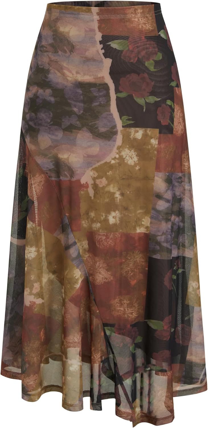 CIDER Skirts for Women Floral Mesh Maxi Asymmetrical Long Western Skirt