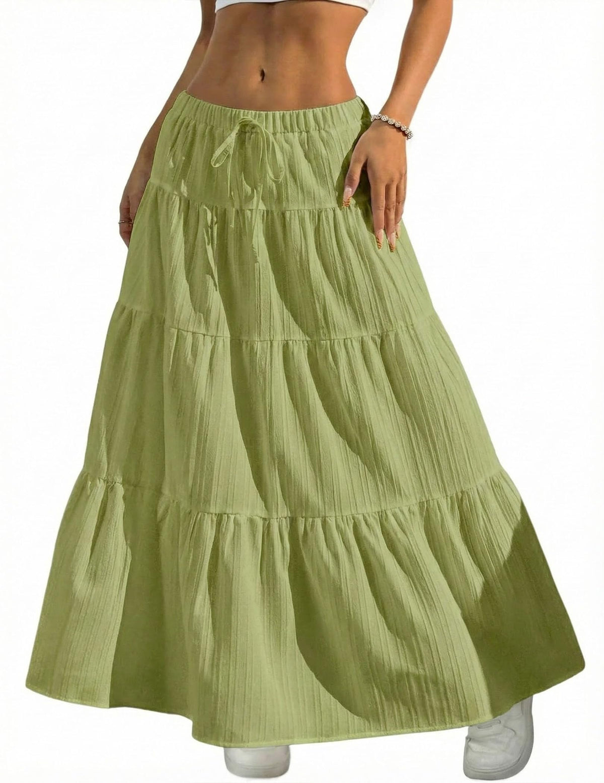 DERAX Women's Boho Flowy White Maxi Skirt Ruffle Elastic Waist Long Skirts