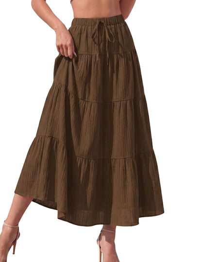 DERAX Women's Boho Flowy White Maxi Skirt Ruffle Elastic Waist Long Skirts