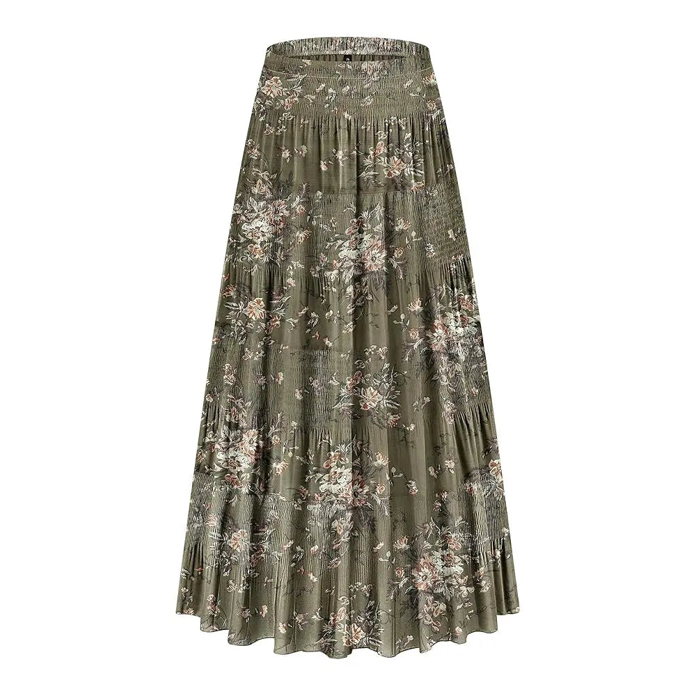 NASHALYLY Women's Chiffon Elastic High Waist Pleated A-Line Flared Maxi Skirt Flower Breathable Comfortable Casual Summer Wear White Black Christmas Vintage Floral Bohemian Boho Womenswear Summer Outfits campingessentials
