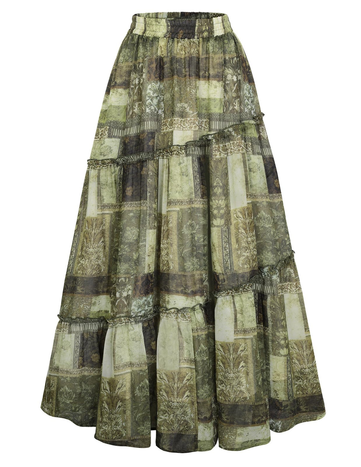 Scarlet Darkness Patchwork Tiered Maxi Renaissance Boho Skirt with Pockets