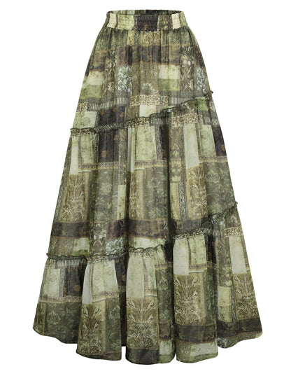 Scarlet Darkness Patchwork Tiered Maxi Renaissance Boho Skirt with Pockets