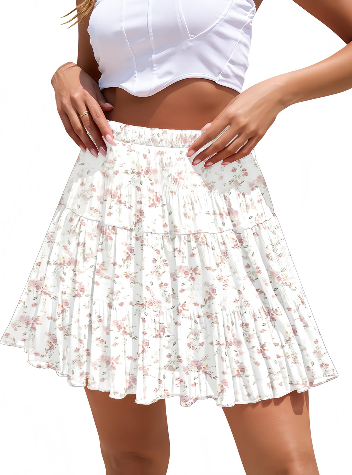 Boho Floral Flowy Mini Skirt Chiffon High Waist Tiered Pleated Short Skirts