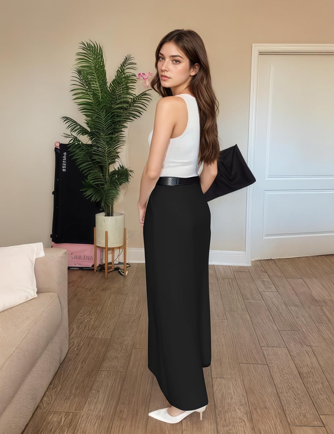 Women's Long Maxi Skirt Elegant High Waist H Line Long Straight Maxi Skirts for Women Casual Floor Pencil Skirt with Pockets
