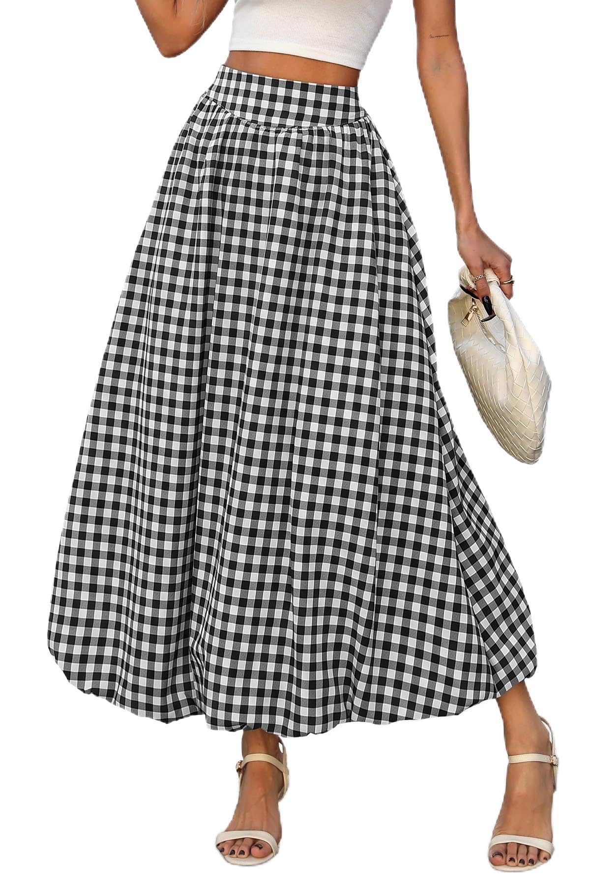 ELLEVEN Women's Bubble Maxi Skirt, Elastic Waist Puffy Hem A-Line Skirts