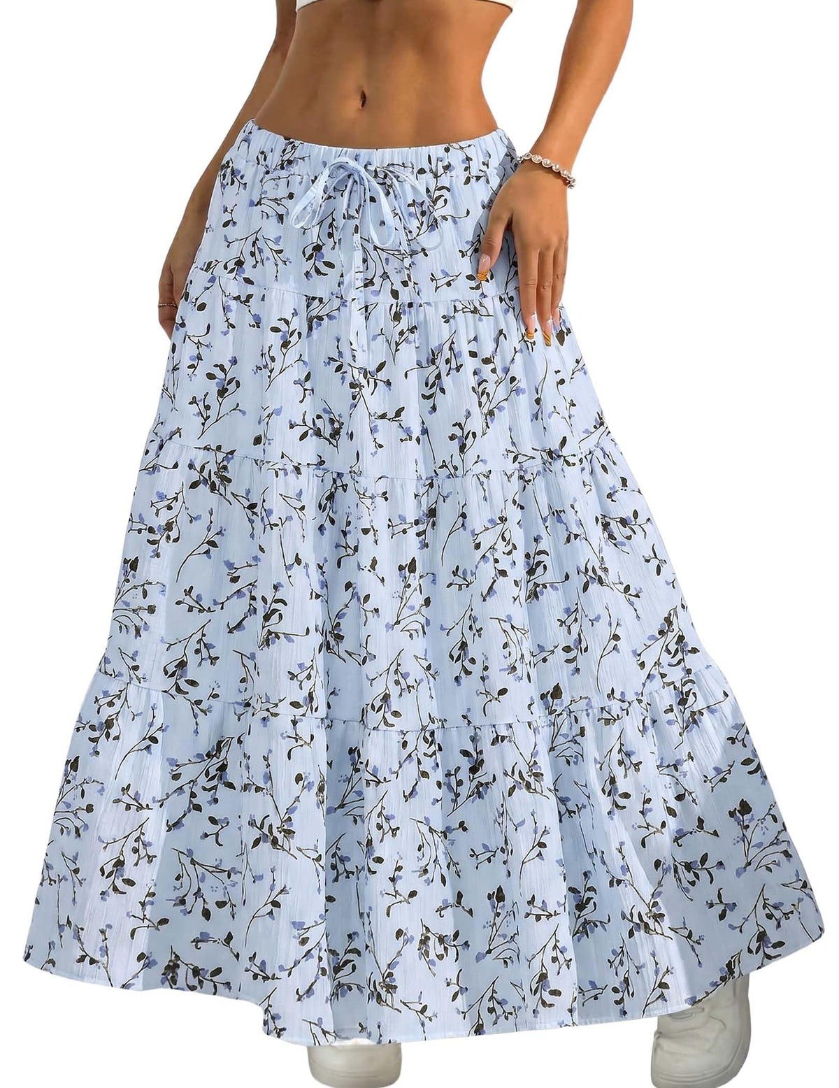 DERAX Women's Boho Flowy White Maxi Skirt Ruffle Elastic Waist Long Skirts