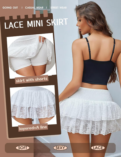 Avidlove Womens Y2k Lace Layered High Waist Ruffle Skort Boho Mini Skirts