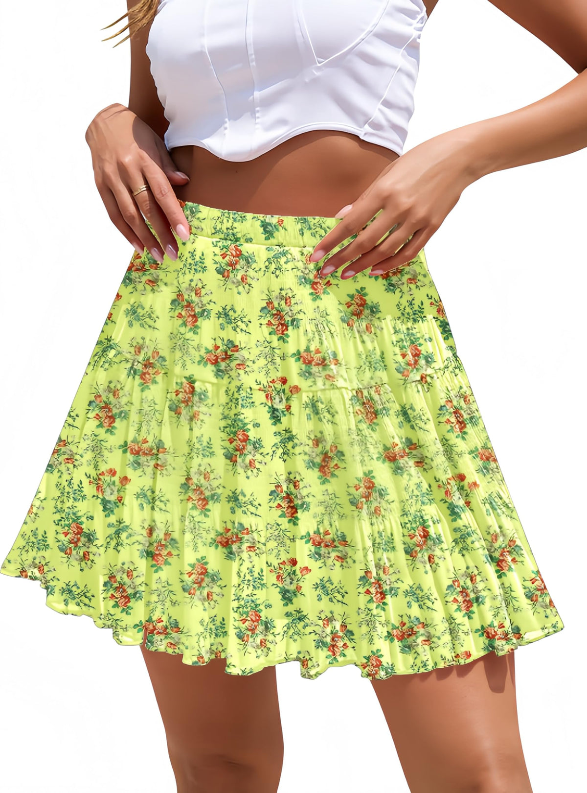 Boho Floral Flowy Mini Skirt Chiffon High Waist Tiered Pleated Short Skirts